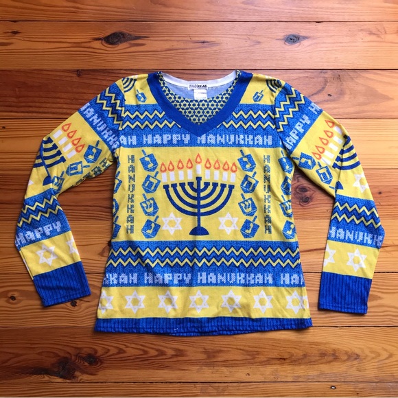 Faux Real Blue Gold Hanukkah Sweater, EUC, M/L - Picture 3 of 10